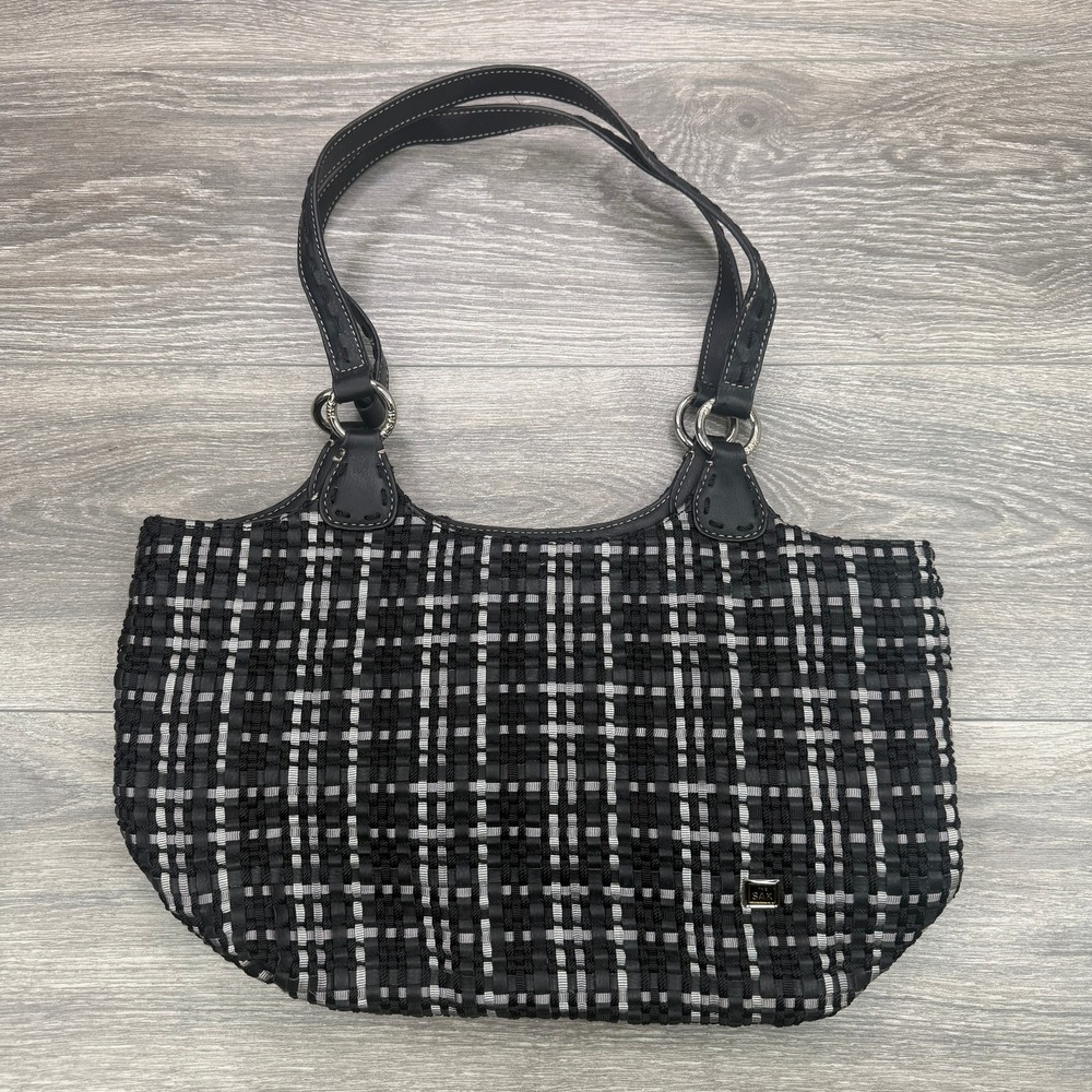 The Sak Tweed Tote Shoulder Bag Black White Basketweave Woven Double Strap Purse